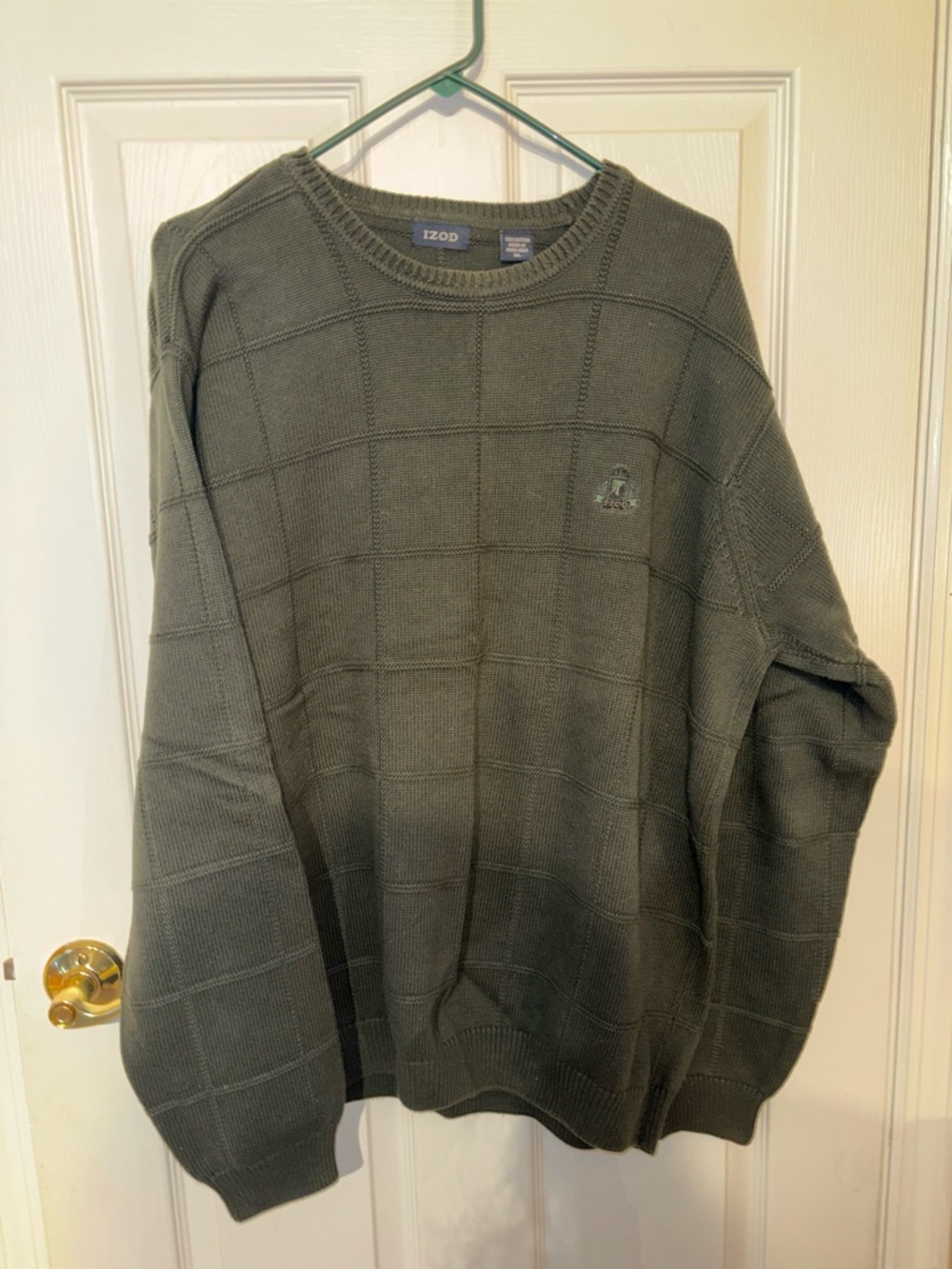 Izod Olive Grid-Pattern Crewneck Sweater